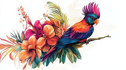 Obraz premium A Colorful Parrot Resting on a Branch with Tropical Flowers