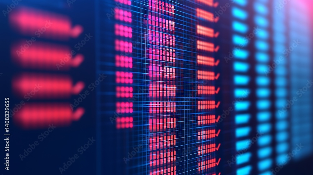 Poster abstract grid matrix: neon pink and blue data visualization with a technological futuristic aestheti