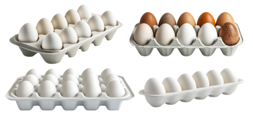 Set of fresh eggs in cardboard trays, isolated on transparent cutout background