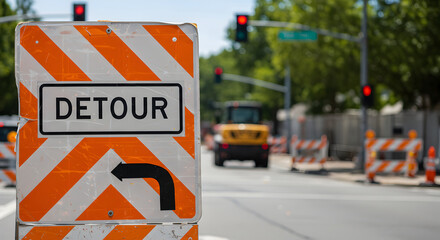 Caution Detour Ahead With Road Construction Under Sunny Daylight