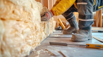 Builder securing insulation on a building site. Featuring attention to detail and care