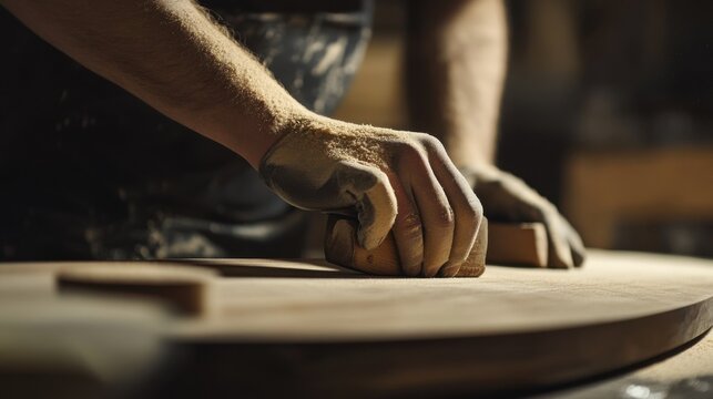 Carpenter sanding wood for a custom furniture project. Featuring craftsmanship and detail