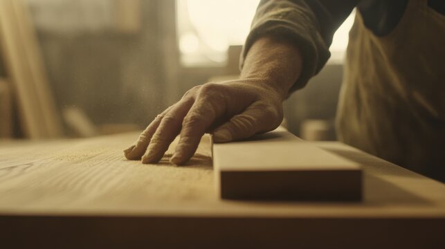 Carpenter sanding wood for a custom furniture project. Featuring craftsmanship and detail