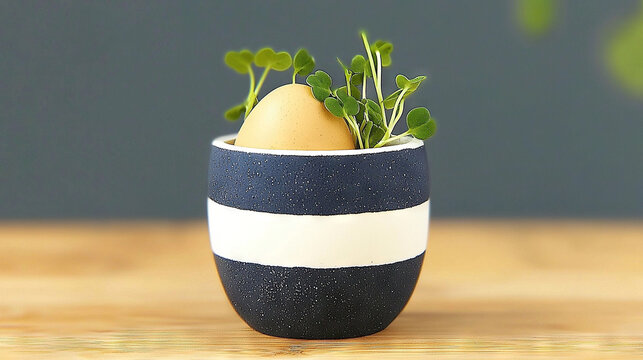   A black-and-white vase with a plant inside and a 'Gonzo' sticker