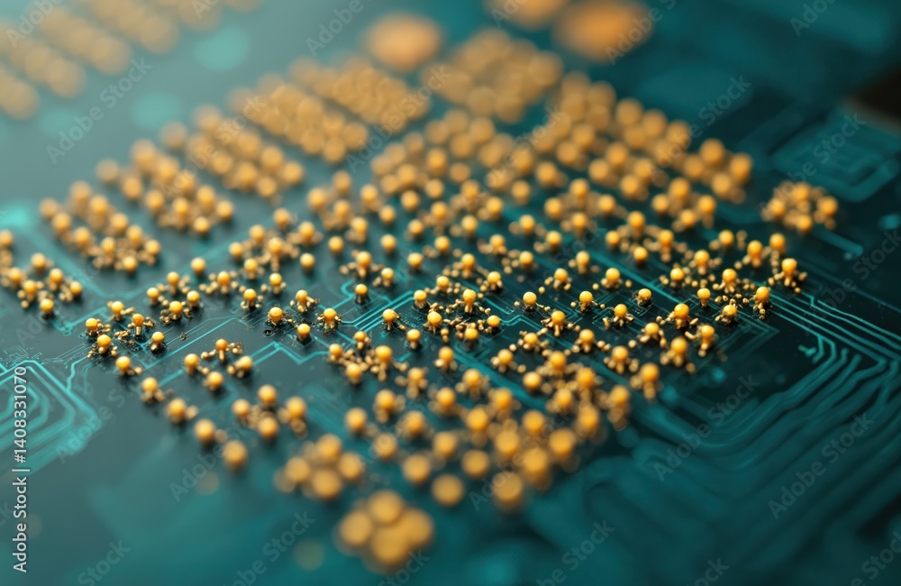 Poster Macro shot microprocessor, close-up of computer component. Digital circuit board with electronic components. Tech hardware background with CPU details. Modern technology, computing, industry.