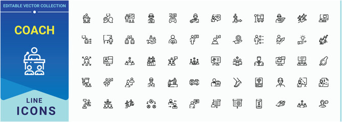 Coach line icon. Featuring trainer, leadership, train, expert, mentor, counselor and more. Icons for UI designs. Advice icon collection. Vector illustration in modern line style.