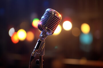 Karaoke Comedy Microphone Bokeh Light Background Open Mic Poster  
