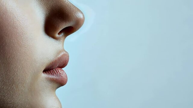 Profile of a young woman breathing, showing her perfect nose and lips after rhinoplasty surgery, highlighting the concept of beauty and cosmetology