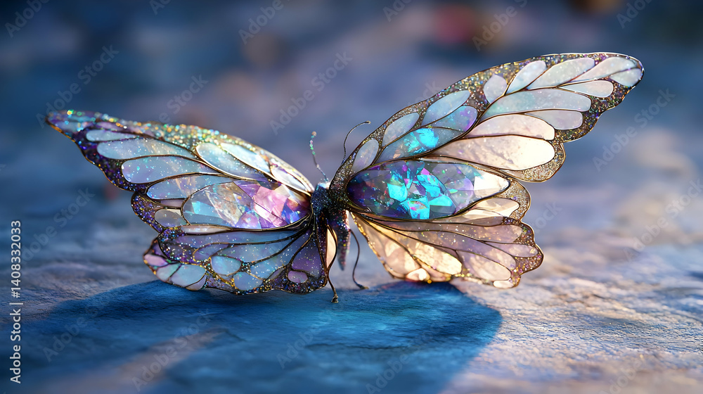 Poster iridescent butterfly with intricate wing patterns resting on a textured surface in soft light