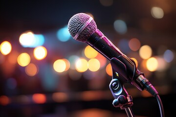 Karaoke Comedy Microphone Bokeh Light Background Open Mic Poster  
