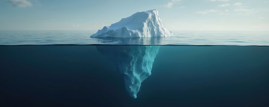 Iceberg floating in ocean, visible above waterline, underwater. Natural light illuminates ice. Concept business, hidden dangers, risks, success. Visual data, infographic element, business