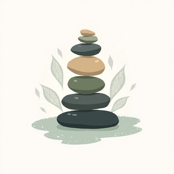  Illustrated stone stacking set on white background with gentle splashes, naturalistic water droplets, and scattered leaves for zen-like effect.