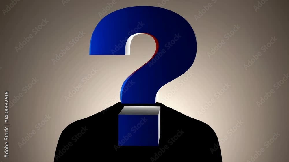 Poster large question marks are replacing a businessman's head, symbolizing confusion, lack of knowledge, a