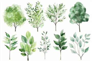 Watercolor painting of various trees and branches with green leaves isolated on a white background design element