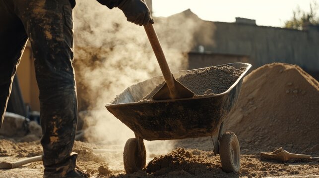 A construction laborer mixing cement in a wheelbarrow at a building site. Featuring manual labor and construction preparation