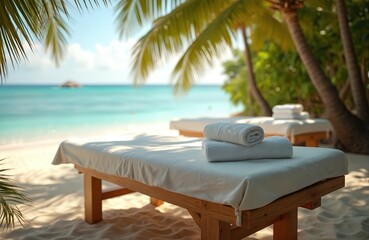 Naklejka na ściany i meble Spa massage beds on sandy beach near ocean. White towels on massage table. Palm trees, ocean view. Tropical island resort, wellness, beauty care, spa treatments, relaxation, paradise, summer vacation.