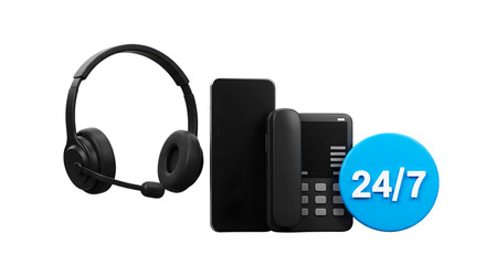 A black headset, phone, and cellphone with a blue circle showing twenty four seven support icon