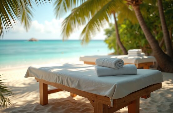 Spa massage beds on sandy beach near ocean. White towels on massage table. Palm trees, ocean view. Tropical island resort, wellness, beauty care, spa treatments, relaxation, paradise, summer vacation.