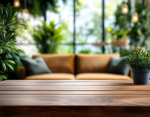 Fototapeta premium empty wooden table top with blurred sofa and plants background