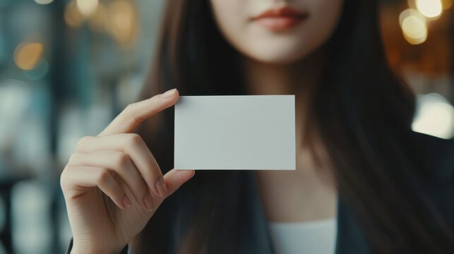 Business professional holds blank card in modern office setting during afternoon meeting