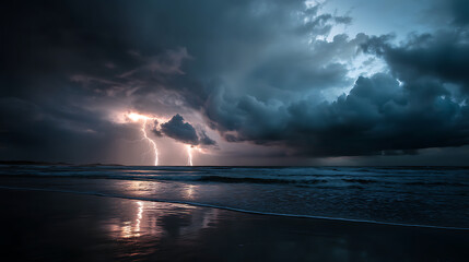 A dramatic thunderstorm over a vast ocean, with dark clouds, lightning striking the water, and the waves crashing against the shore