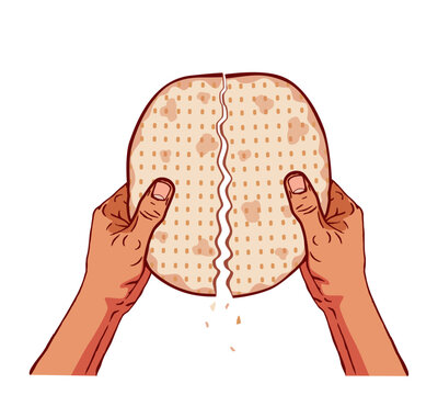 Flat bread, possibly matzah, broken into two pieces by men hands. Vector graphic color hand drawn cartoon illustration.