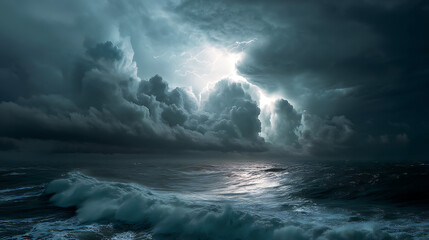 Obraz premium A dramatic thunderstorm over a vast ocean, with dark clouds, lightning striking the water, and the waves crashing against the shore