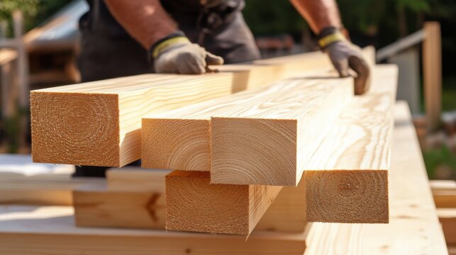 Carpenter shaping wooden beams for roof installation. Featuring craftsmanship and attention to detail