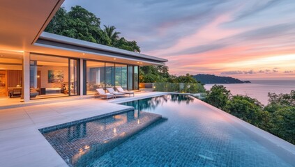 Fototapeta premium Luxury Villa with Infinity Pool and Ocean View at Sunset