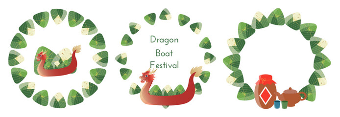 Collection of decorative frames for Dragon Boat Festival with zongzi, rice, bamboo leaves, Dragon boat, realgar wine, teapot, cups. Vector illustration for Duanwu Festival in China