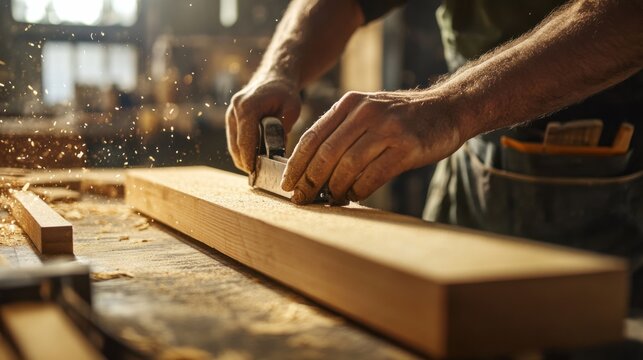 Carpenter shaping wooden beams in a workshop. Featuring skill and craftsmanship