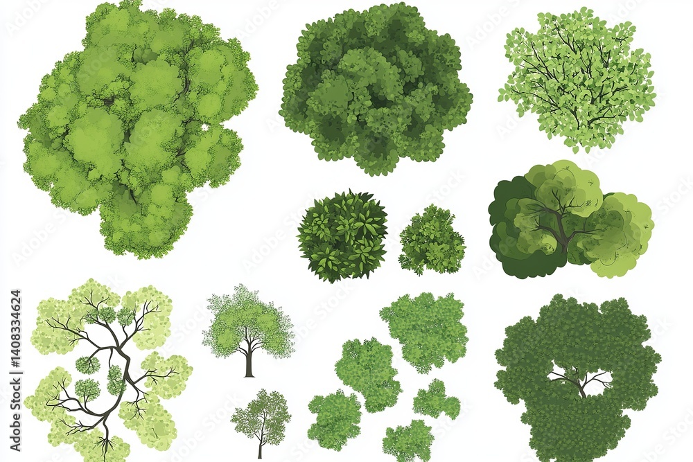 Poster aerial view of various tree illustrations with different shapes and shades of green on a white backg