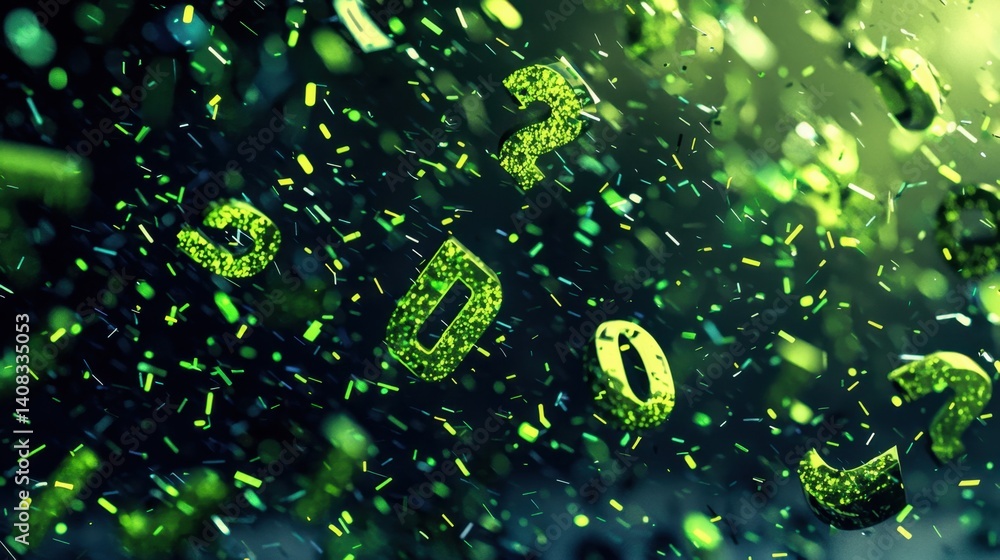 Poster bright green numbers floating in a magical, abstract environment create a sense of wonder and excite