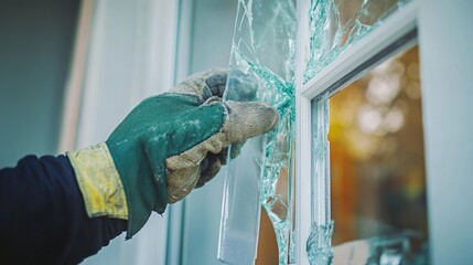 Window installer replacing a broken window in a home. Featuring expertise and care