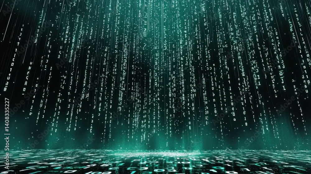 Poster digital rain falls in a virtual world creating an immersive technology experience