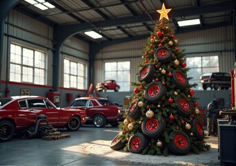 Christmas tree decorated with tires in a car garage  