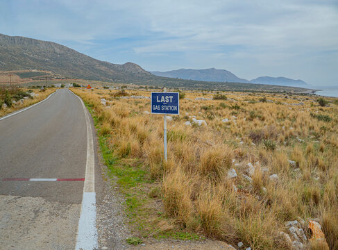 Gerolimenas, Oitylo, Mani, Laconia, Peloponnese, Greece: Roadside sign warns of last gas station ahead