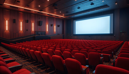 Fototapeta premium An empty modern cinema theater featuring comfortable red seats with an illuminated screen, evoking memories of the excitement and anticipation of movie experiences.