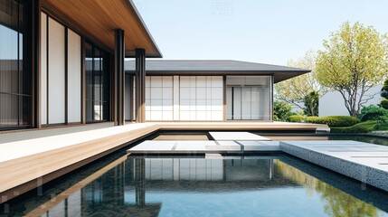 Fototapeta premium Modern architectural design showcase serene garden image bright day wide angle minimalist aesthetic