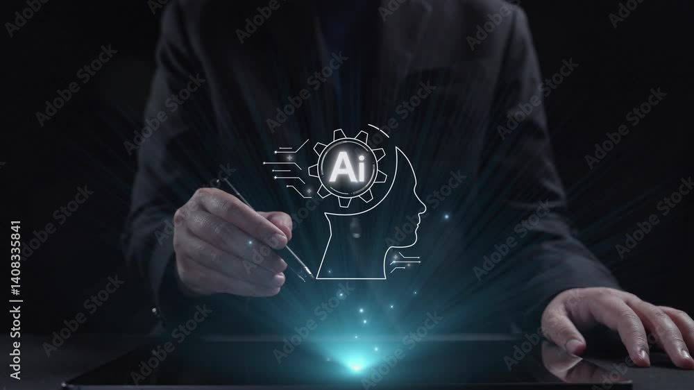 Poster human interact with ai artificial intelligence brain processor in concept of ai artificial intellige