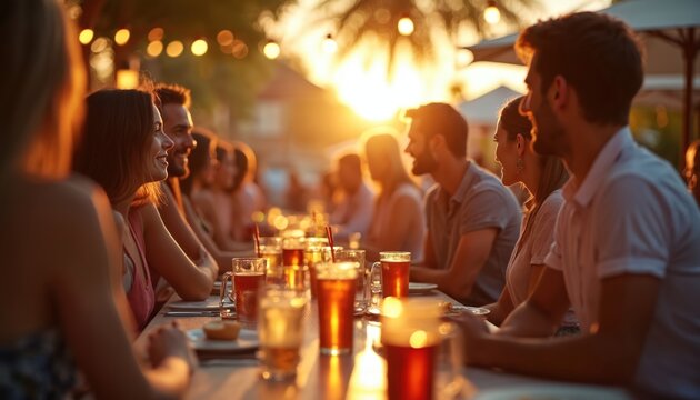Group people relax outdoor bar at golden hour. Friends drink beer, dine. Evening social gathering at summer restaurant during sunset. Festive ambience with soft bokeh.