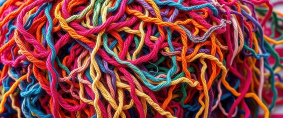 A vibrant, chaotic tangle of colorful yarns and threads overflowing from a bobina, tangled, handmade