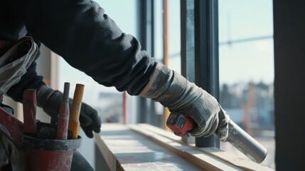 A construction worker applying sealant around window frames at a building site. Featuring caulking and sealing