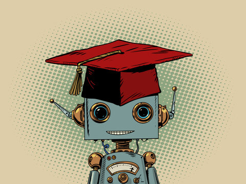 Teaching AI knowledge. Robot in a student's hat, professor's hat. Red diploma and competition with artificial intelligence.