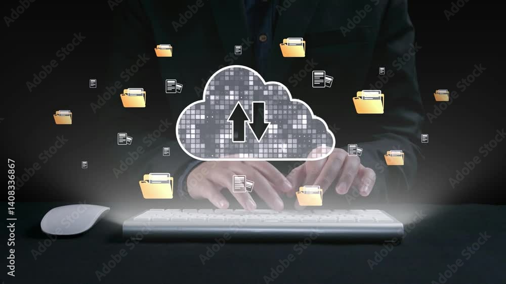 Poster a visual representation of cloud storage with a person typing on a keyboard, symbolizing data transf