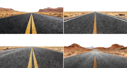 Set of desert roads with yellow dividing lines, isolated on transparent cutout background
