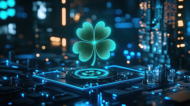 Digital Clover:  Neon Green Four-Leaf Clover on Futuristic Tech Circuitry
