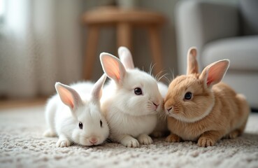 Plakat Group of adorable Easter bunny rabbits on living room floor. Cute pets, white brown bunnies are sitting together. Spring holiday, easter, pet, home interior, bunny, holiday, animal.