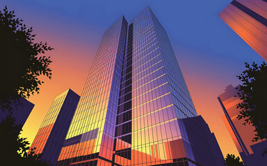Fototapeta premium Modern Skyscrapers at Sunset Reflecting Colorful Hues