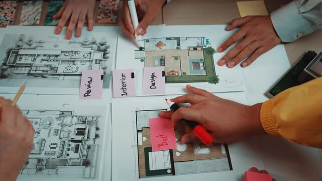 Engaging scene of a collaborative workspace focused on an interior design project, featuring sketches, blueprints, and notes that foster creativity and innovation. SACTR